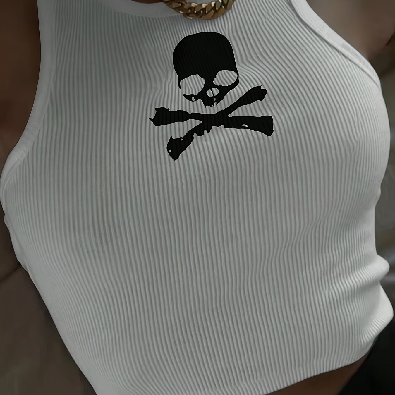 

Skull Print Crew Neck Tank Top, Y2k Sleeveless Crop Top For Spring & Summer, Women's Clothing