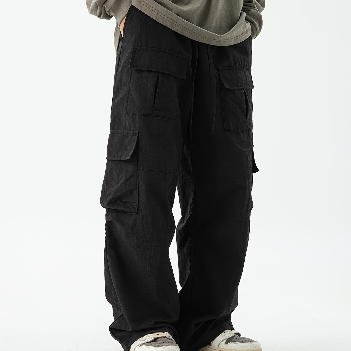 

Men's 100% Nylon Loose Solid Cargo Pants With Multi Pockets, Causal Trousers For Spring Fall Outdoor Activities