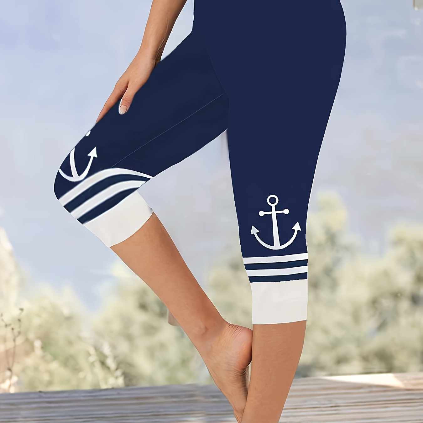 

Anchor Print Skinny Capri Leggings, Casual Elastic Waist Stretchy Leggings, Women's Clothing