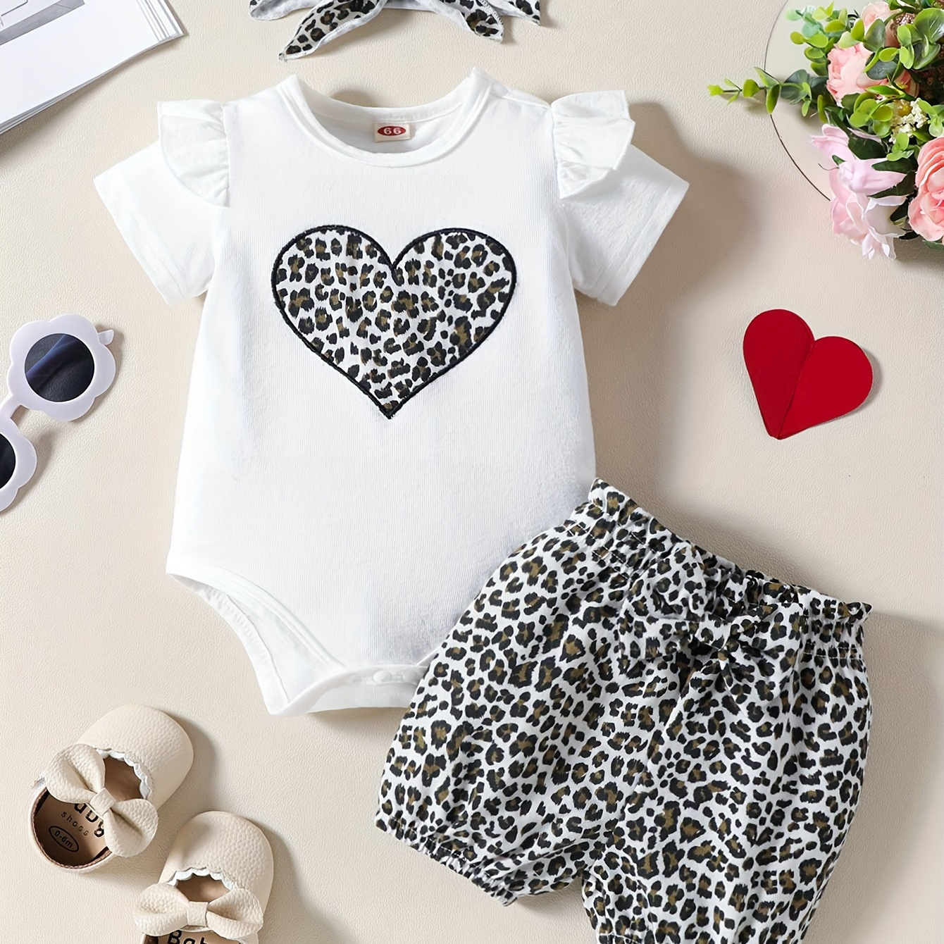 

Baby's Leopard Heart Embroidered 2pcs Trendy Summer Outfit, Triangle Onesie & Headwear & Shorts Set, Toddler & Infant Girl's Clothes For Daily/holiday/party