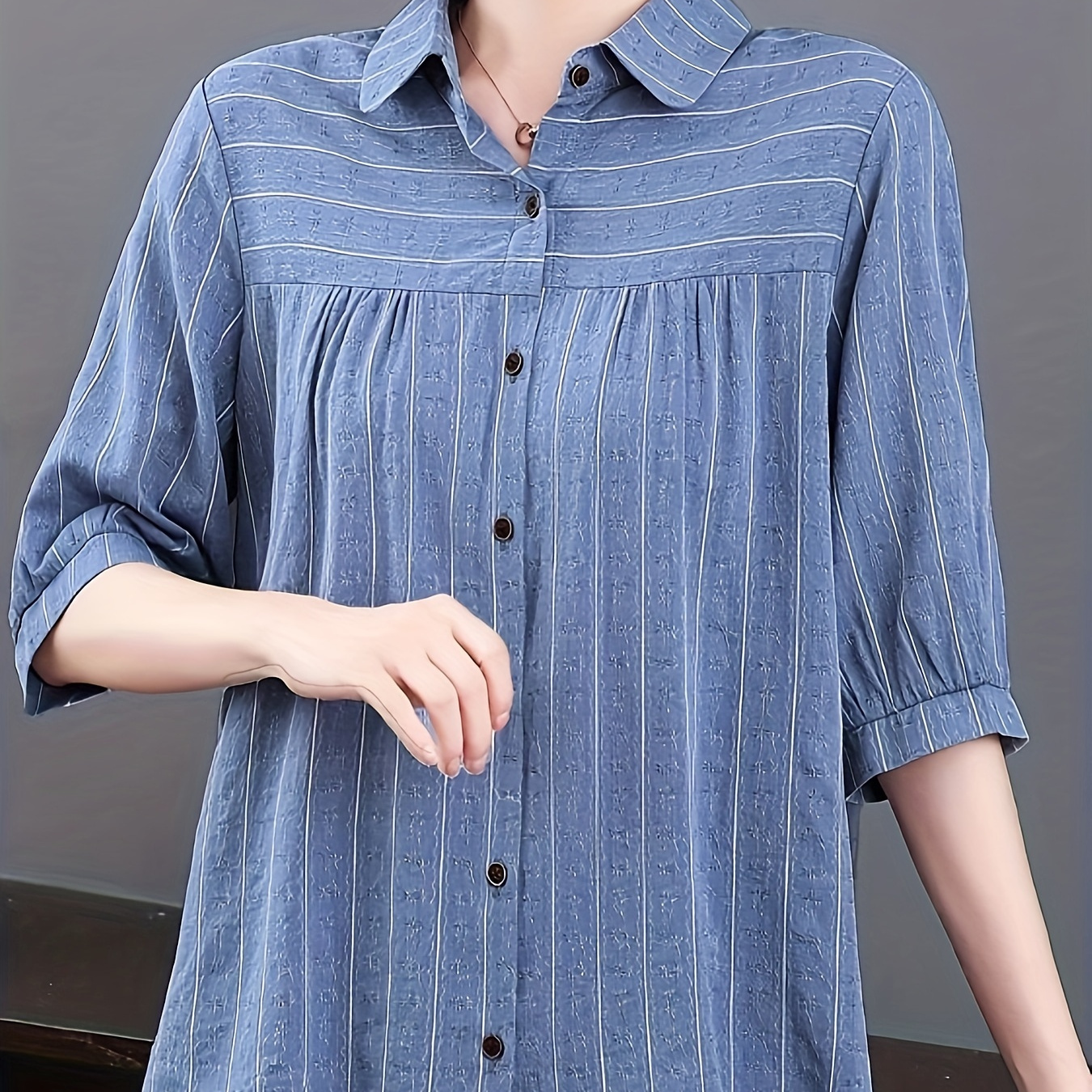 

Striped Print Half Sleeve Shirt, Casual Single-breasted Shirt For Spring & Summer, Women's Clothing