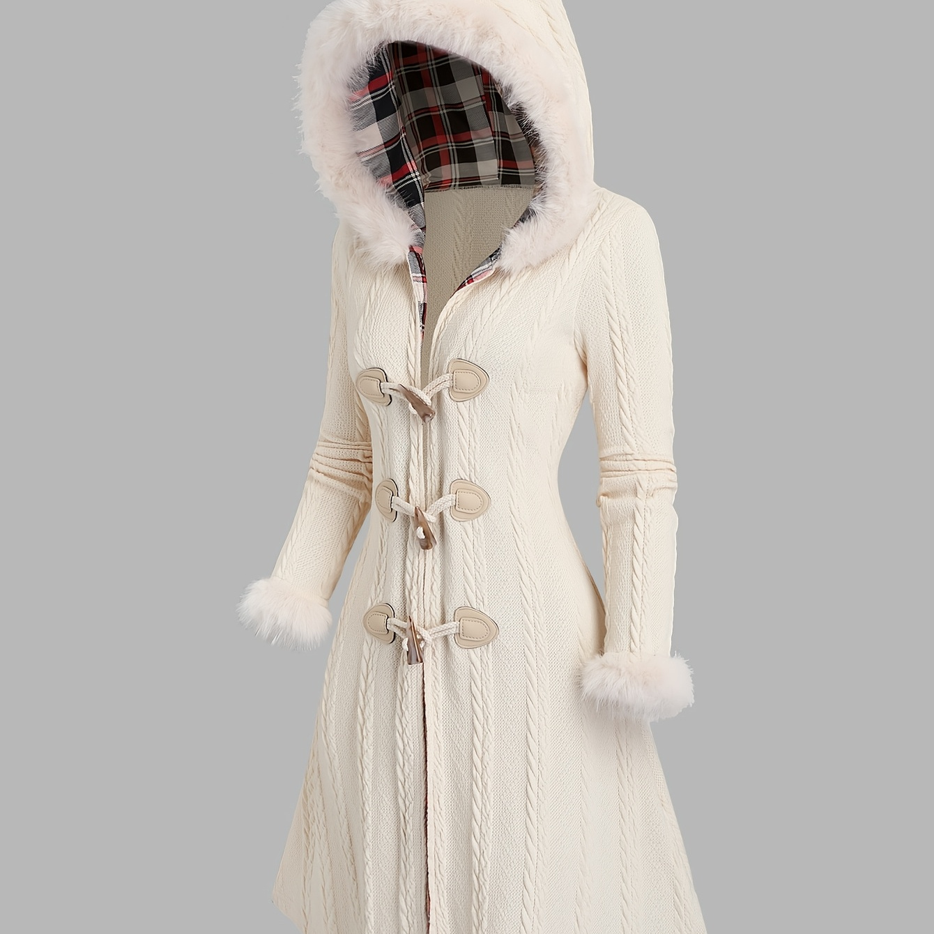 

-size Women's Valentine's Day Y2k Cream Hooded Coat With Fur Trim And Horn Buttons - Long Knit Outerwear, Machine Washable, Fall/winter