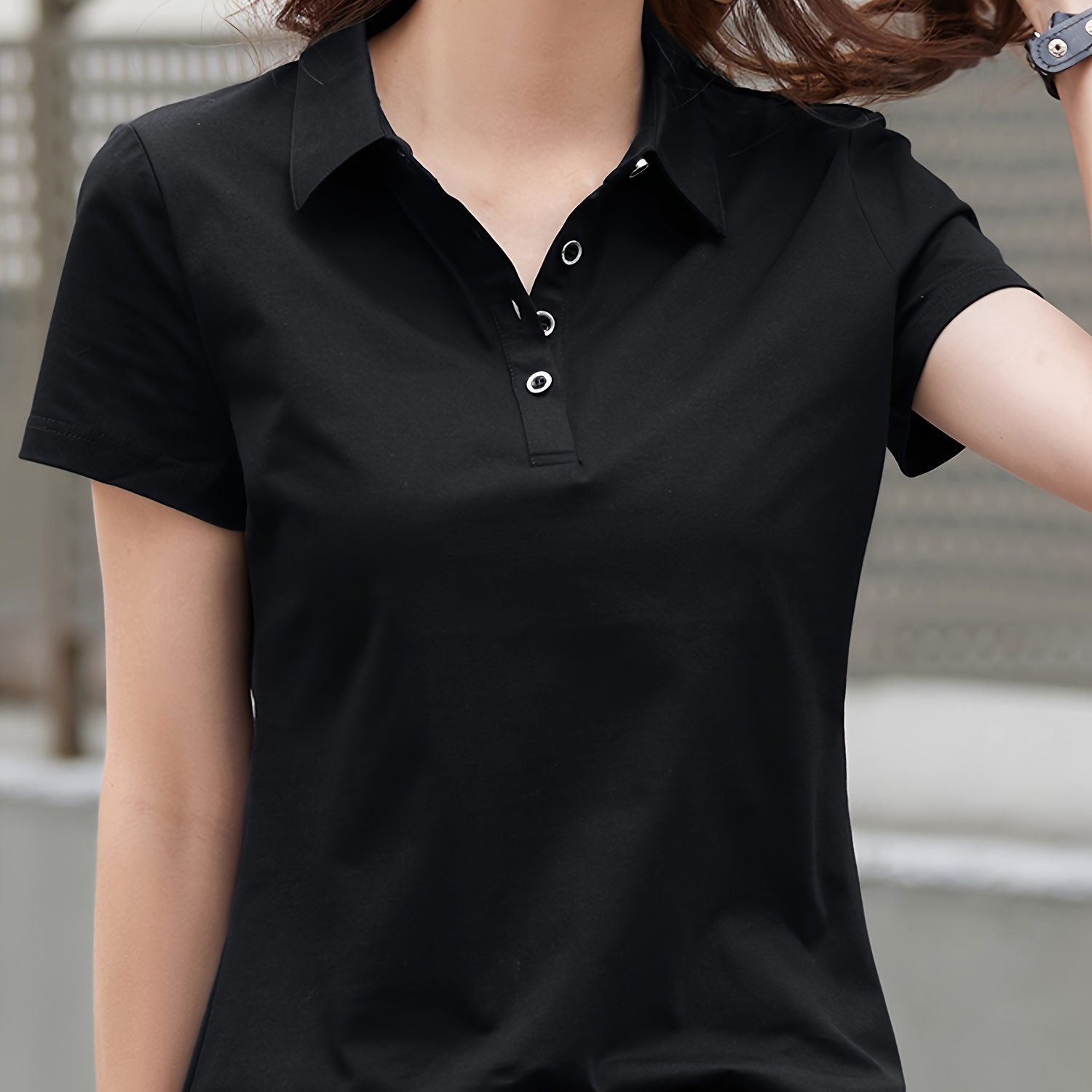 

Solid Collared T-shirt, Casual Short Sleeve V Neck Top For Spring & Summer, Women's Clothing