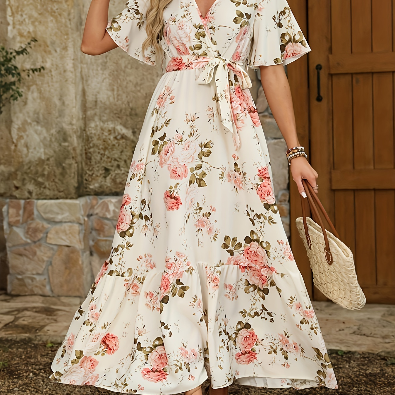 

Robe à imprimé floral grande taille, col en V, robe élégante à manches courtes pour le printemps et l'été, vêtements grande taille pour femmes