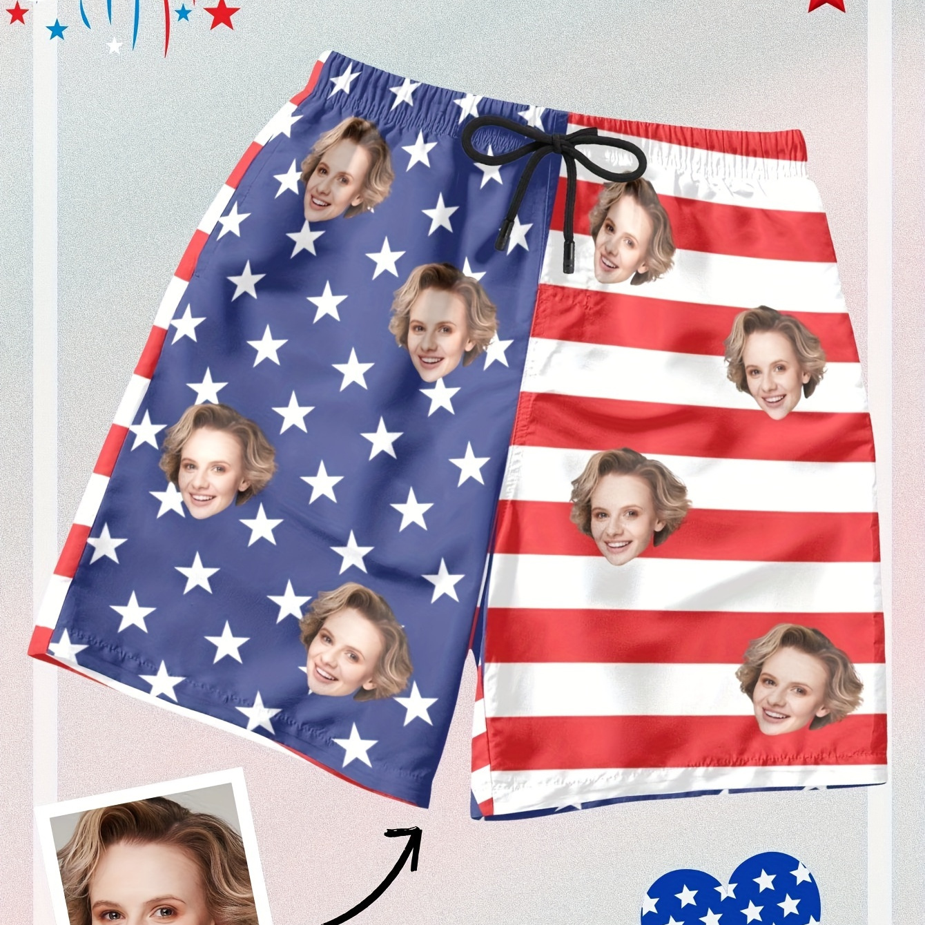 

Men's Customized Portrait Photo Print And American Flag Pattern Shorts With Drawstring, Chic And Stylish Shorts For Summer Outdoors And Holiday Wear