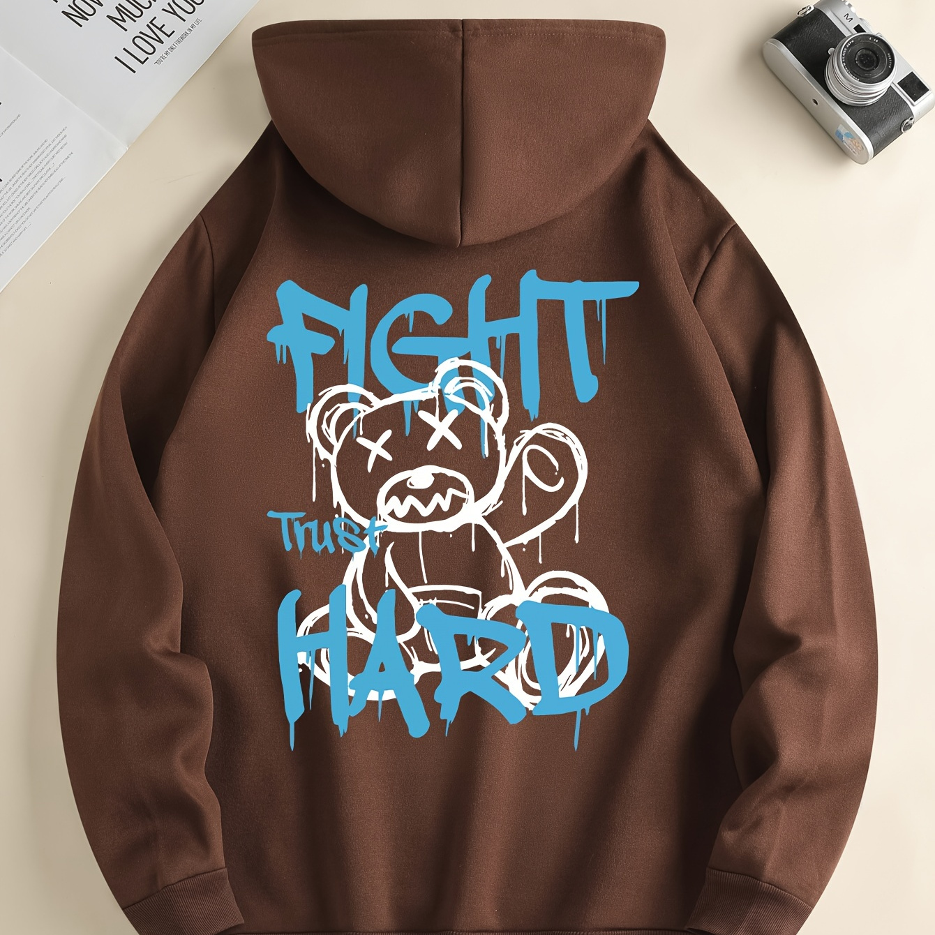 

Cartoon Teddy Bear Print Hoodie, Hoodies For Men, Men's Casual Graphic Design Pullover Hooded Sweatshirt With Kangaroo Pocket Streetwear For Winter Fall, As Gifts