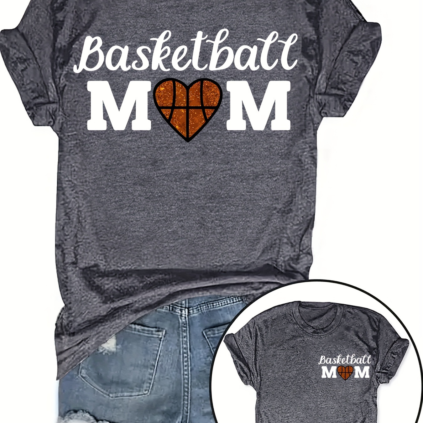 

Plus Size Basketball Mom Print T-shirt, Casual Crew Neck Short Sleeve T-shirt For Spring & Summer, Women's Plus Size Clothing