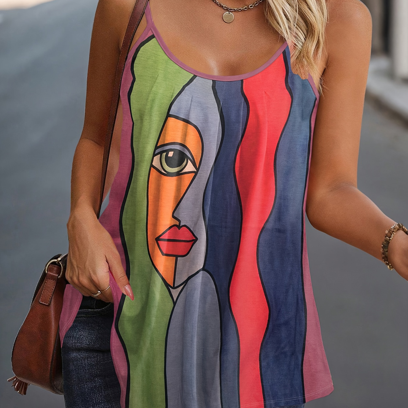 

Plus Size Abstract Face Print Cami Top, Casual Sleeveless Crew Neck Top For Summer & Spring, Women's Plus Size Clothing