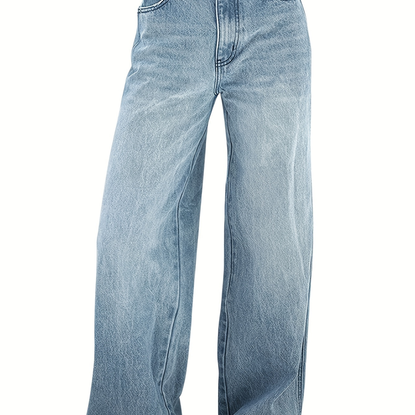 

Washed Blue Loose Fit Baggy Denim Pants, Zipper Button Closure Street Style Wide Leg Boyfriend Jeans, Women's Denim Jeans & Clothing