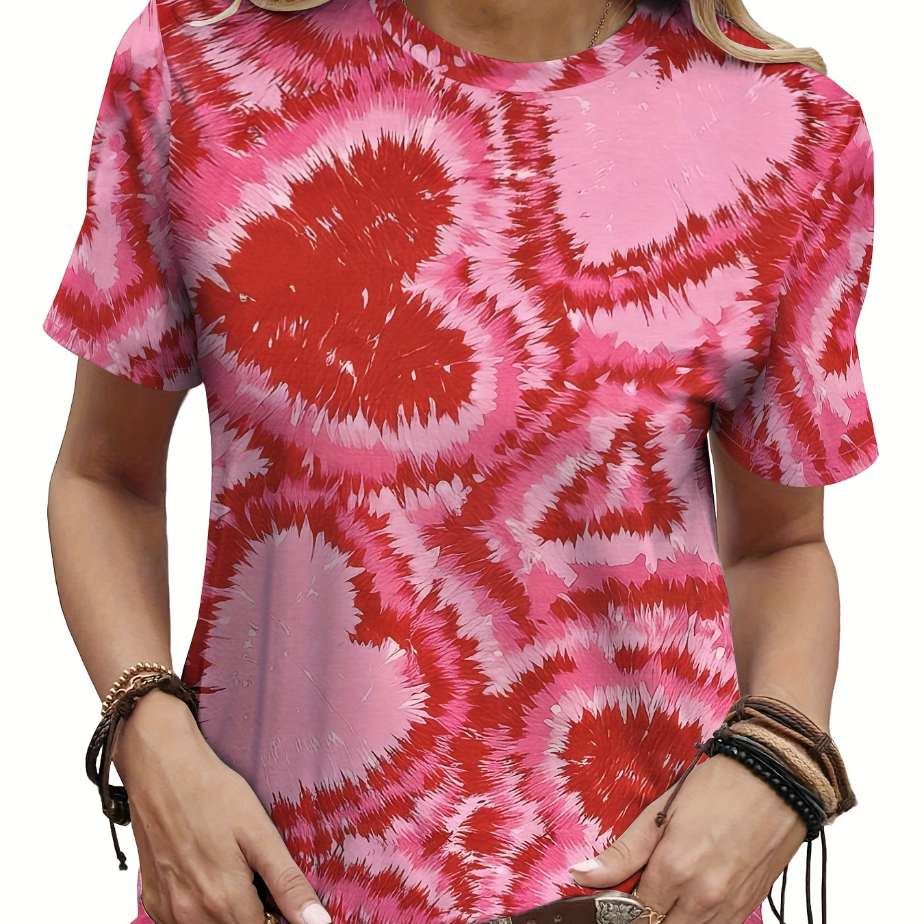 

Romantic Gradient Tie-dye Pattern Breathable 3d Print Round Neck Short Sleeve Valentine's Day T-shirt - Casual Sporty Women's Top, Polyester And Spandex