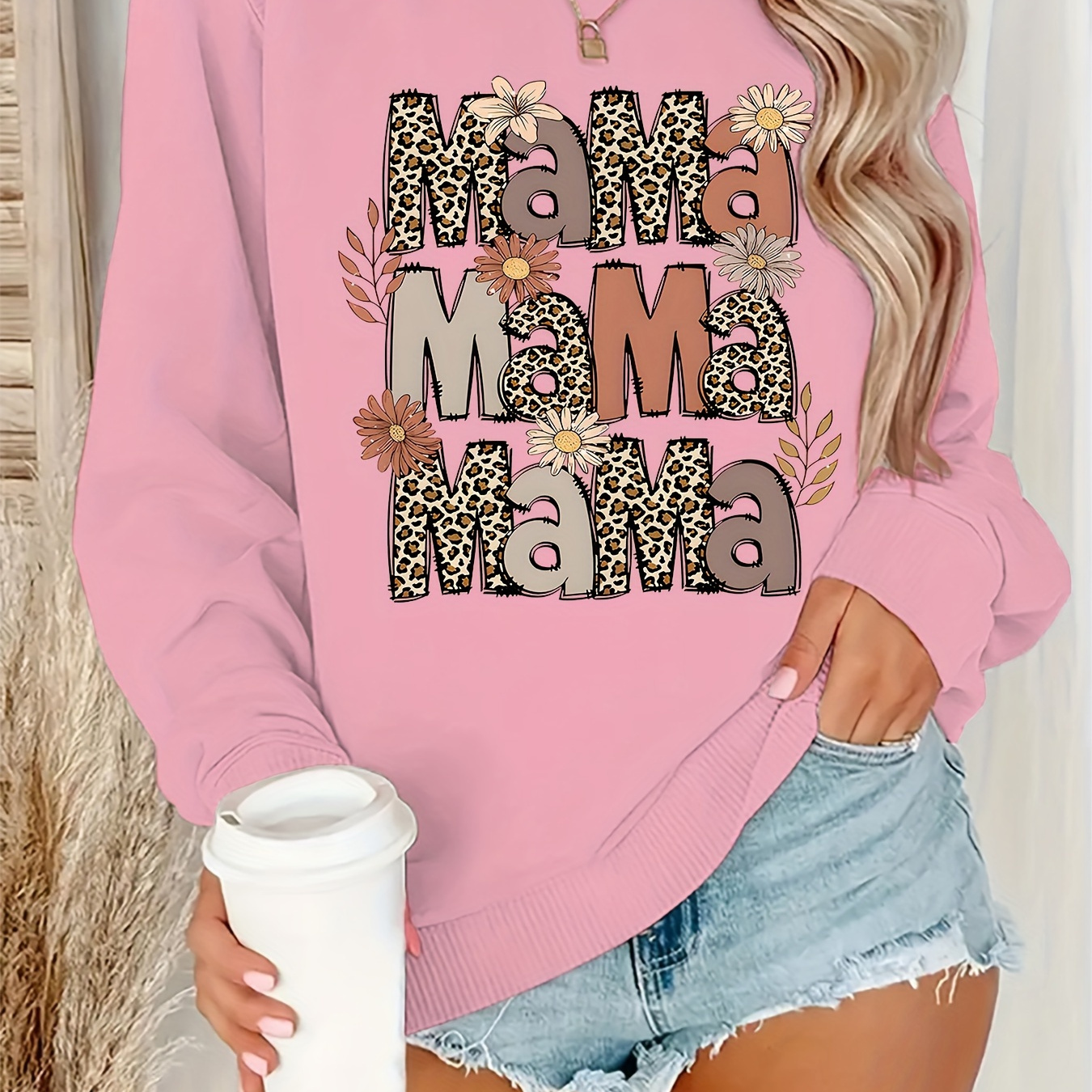 

Women's Casual Crew Neck Sweatshirt With Mama Letter Print, Polyester 95% Elastane 5%, Knit Fabric, Alphabet Pattern, Fall/ Top