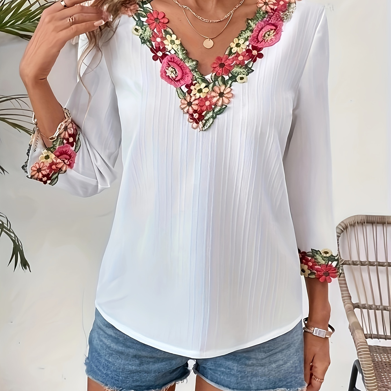 

Elegant Floral Embroidered V-neck Shirt For Women - Polyester Woven Casual Blouse With Collar, Floral Print, Adult Fit