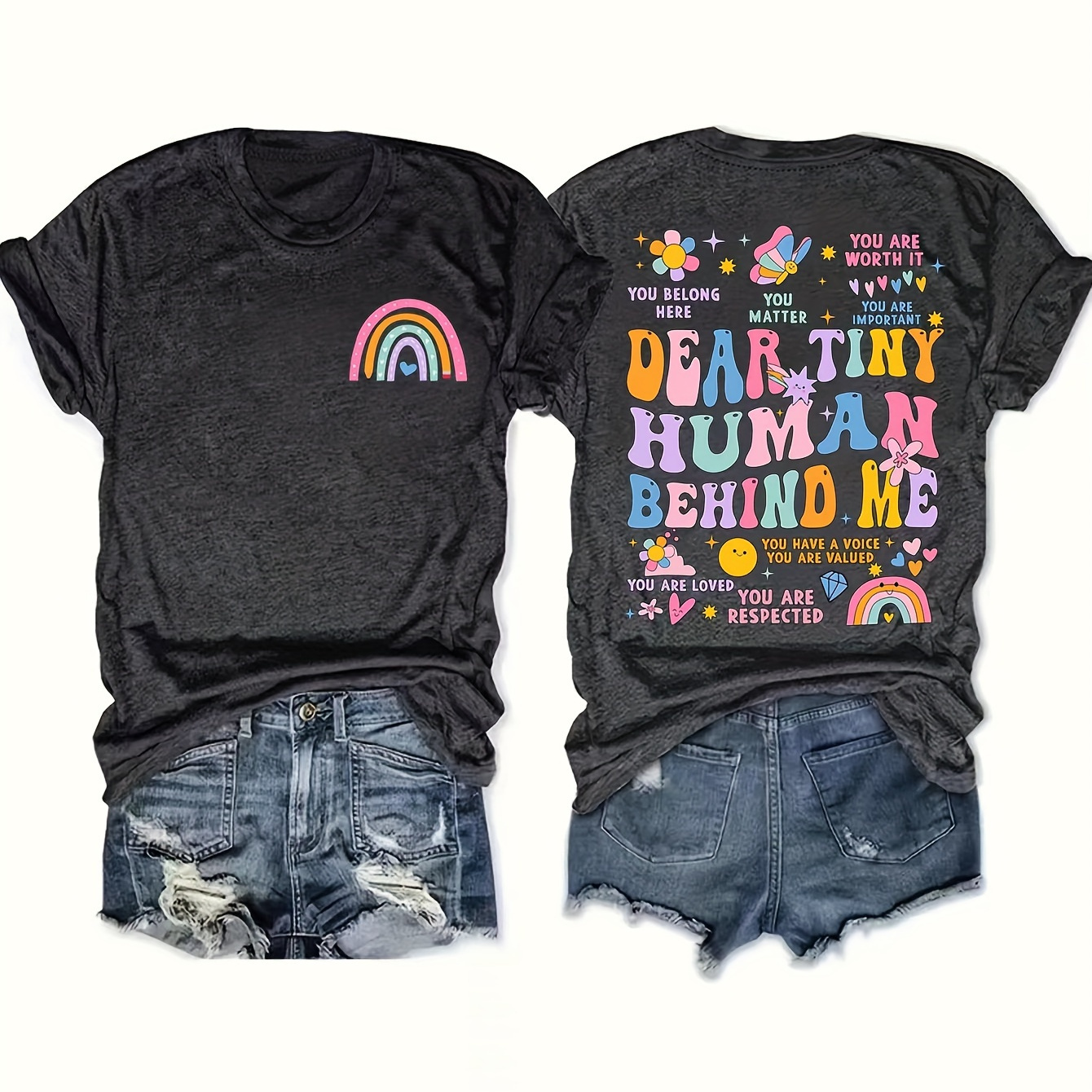 

Letter & Rainbow Print Crew Neck T-shirt, Short Sleeve Casual Top For Spring & Summer, Women's Clothing