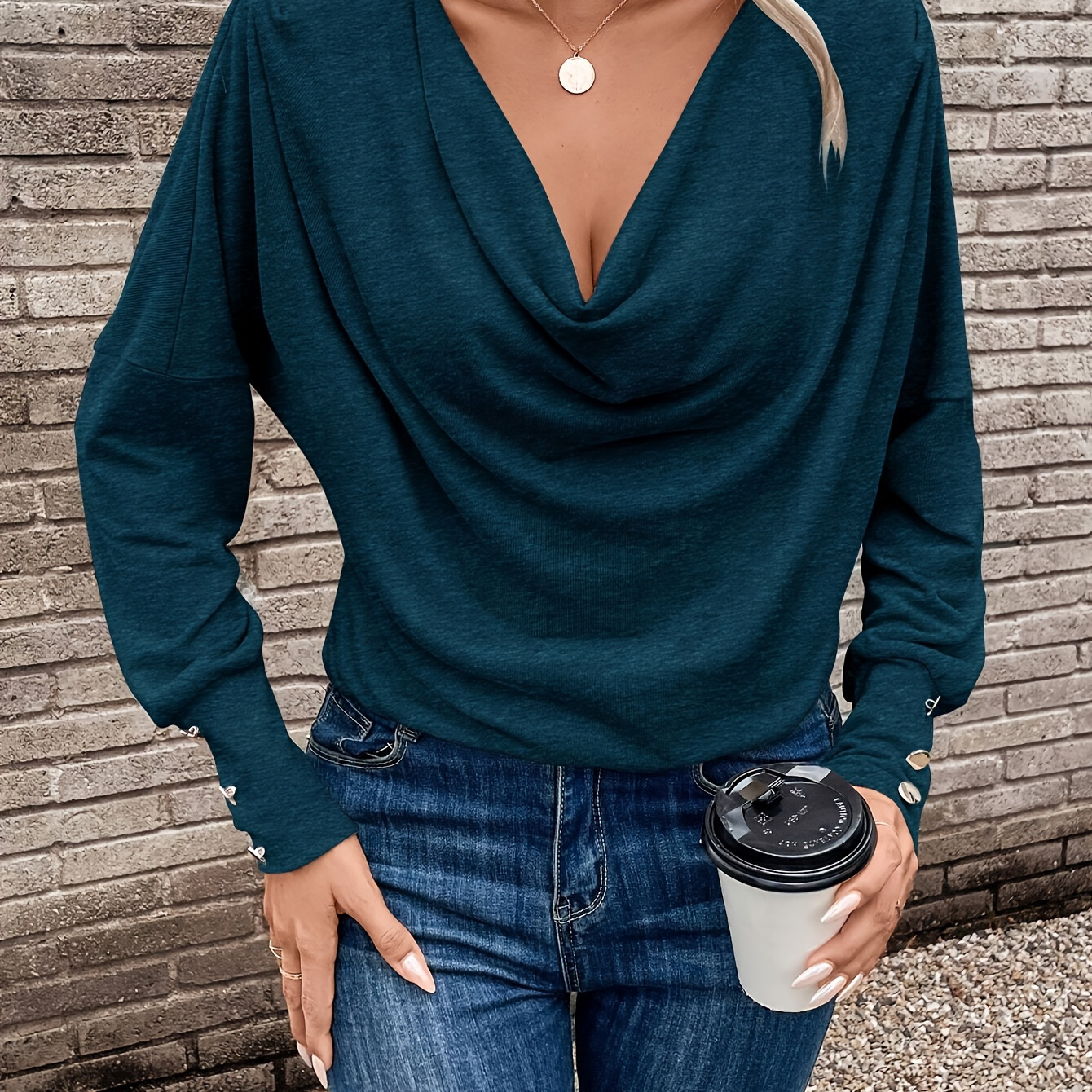 

Women's Elegant Cowl Collar Long Sleeve Knit T-shirt, Solid Color Polyester 95% Elastane 5% Knit Fabric, Regular Length Spring/fall Top With Button Detail