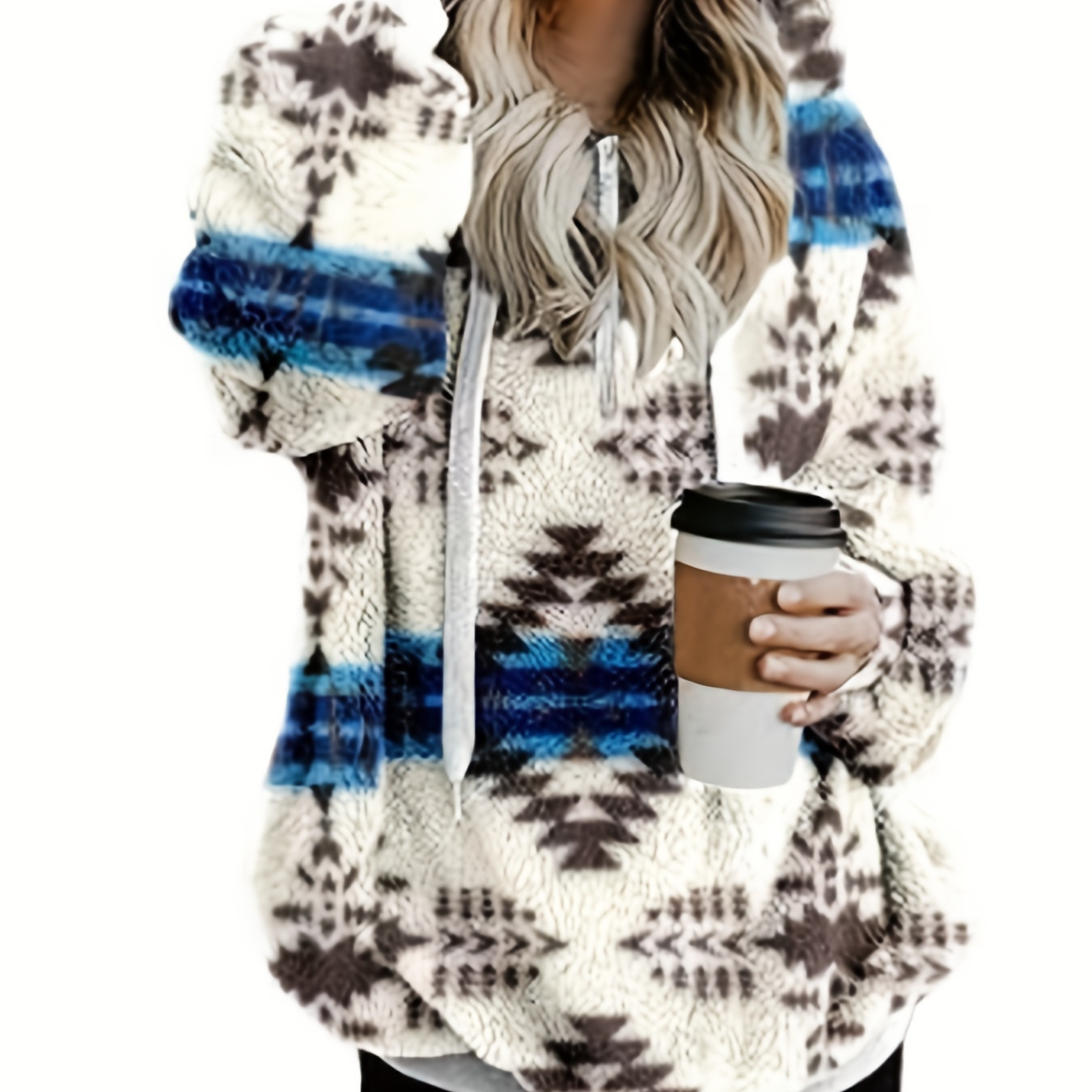 

Plus Size Hoodie, Women's Plus Aztec Print Long Sleeve Half Zipper Drawstring Warm Plush Hoodie With Pockets