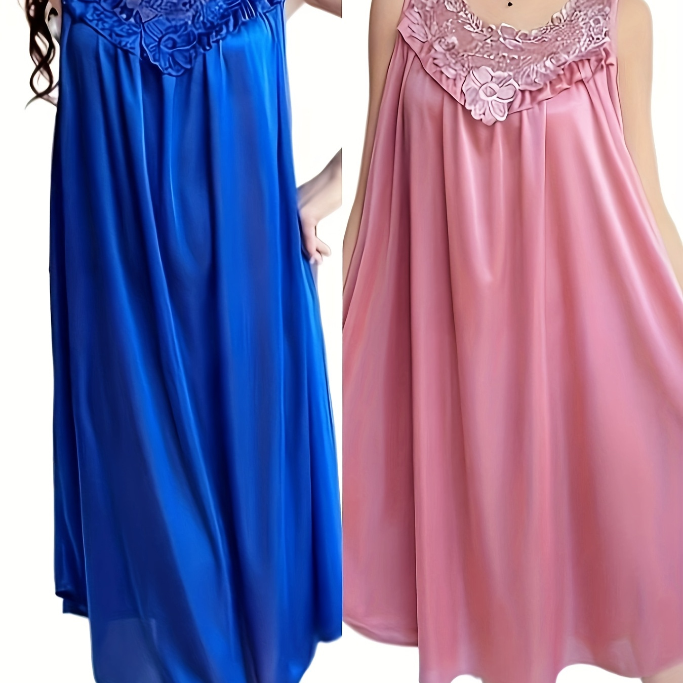 

2pcs Elegant Women's Summer Nightdress, Sleeveless Round Neck Polyester Pajama Dress With Lace , Ruffle , And Umbrella Skirt Silhouette