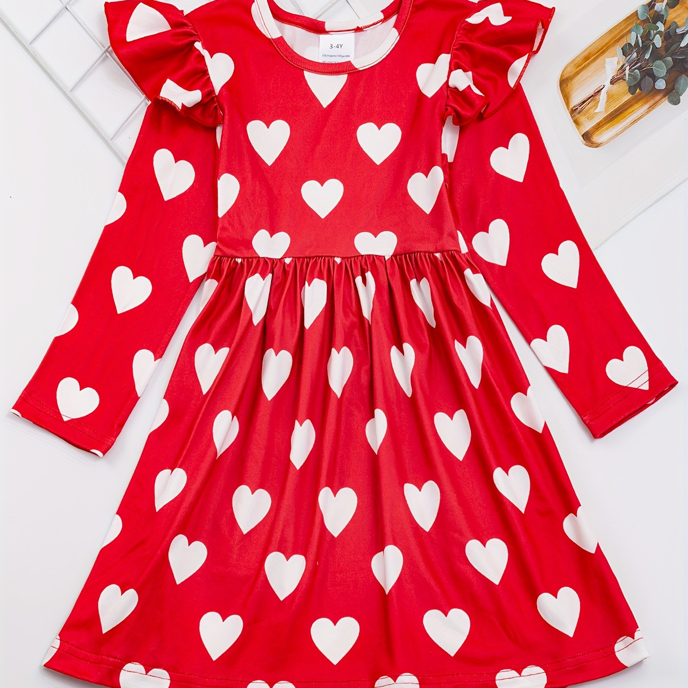 

Girls Stretchy Heart Graphic Flutter Trim Long Sleeve Dress Spring Fall Valentine's Day