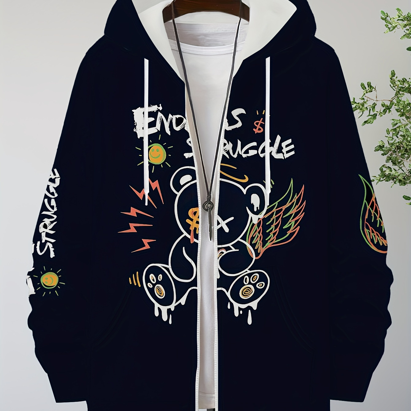 

Men' 3d Printed Black Hoodie With Mechanical Bear & Letter Design - Casual Long Sleeve Zip-up Jacket For Spring/fall