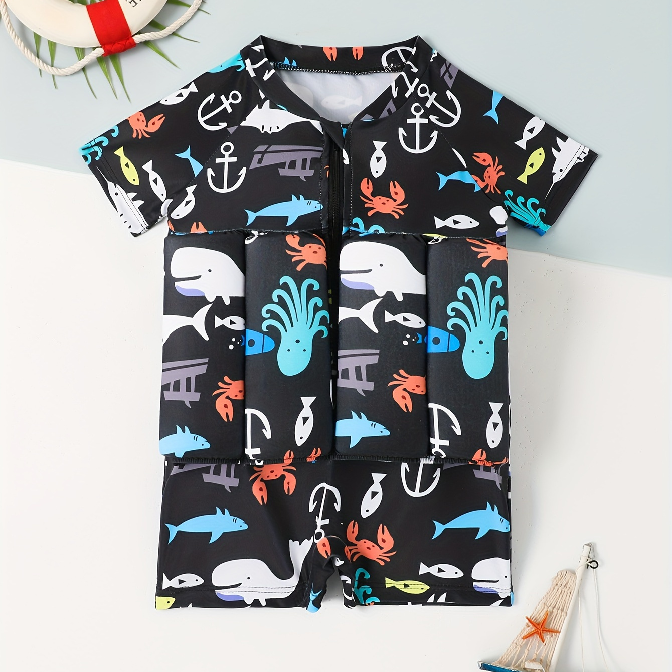 

Baby Toddler Boys Full Sea Animals Print Short Sleeve Swimsuit With Removable Float Stick Comfy Breathable Swimwear