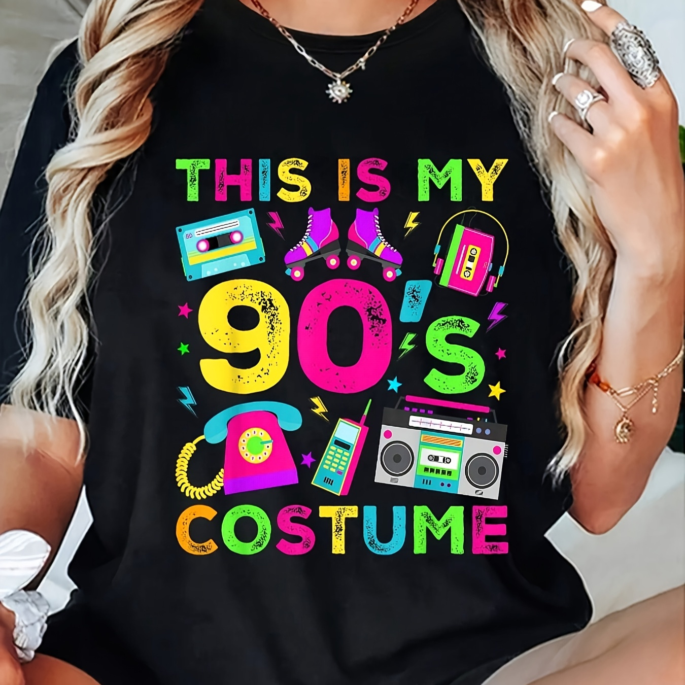 

Women''s Costume Graphic T-shirt, Polyester , Casual Crew Neck, High Stretch Knit Fabric, Regular Length, Short Sleeve, Geometric Pattern, With Applique Detail, For Spring/summer/fall