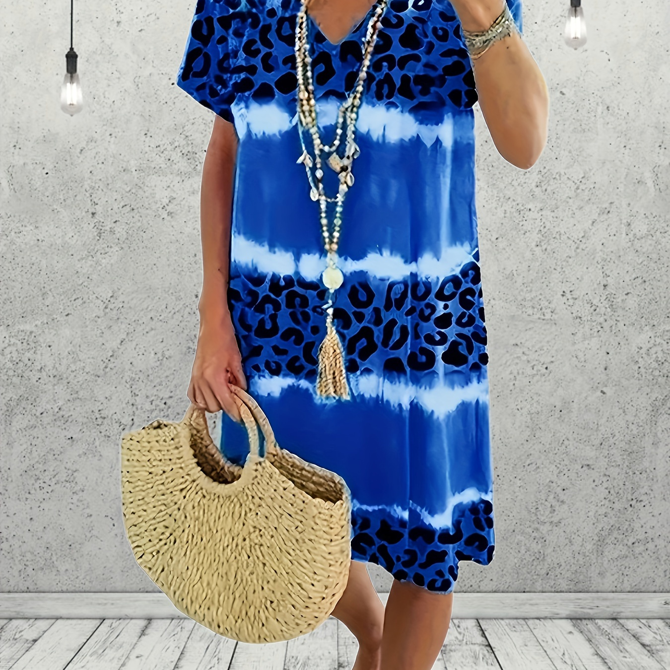 

Plus Size Tie Dye Leopard Print Tee Dress, Casual V Neck Short Sleeve Dress For Spring & Summer, Women's Plus Size Clothing