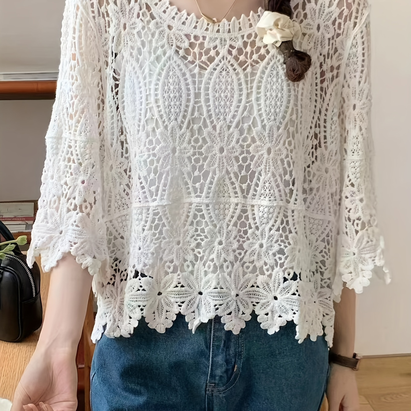 

Bohemian Hollow Out Knit Loose Top, Women's Vintage Style Round Neck Sheer Cover-up Shirt