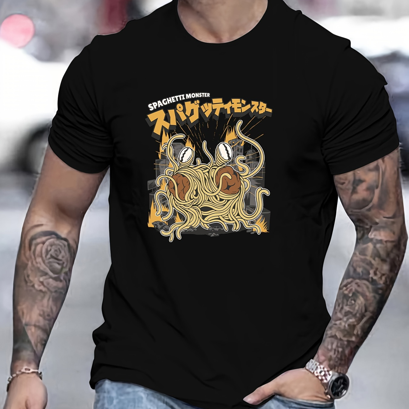 

Spaghetti Monster Print T Shirt, Tees For Men, Casual Short Sleeve T-shirt For Summer