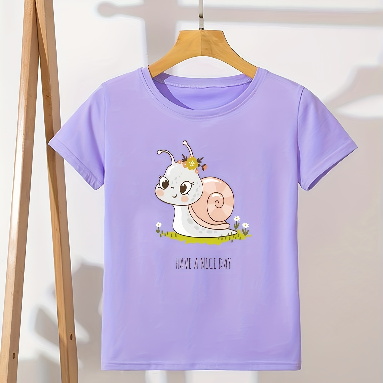 

Have A Nice Day & Cartoon Snail Graphic Print, Girls' Casual & Comfy Crew Neck Short Sleeve Tee For Spring & Summer, Girls' Clothes For Outdoor Activities