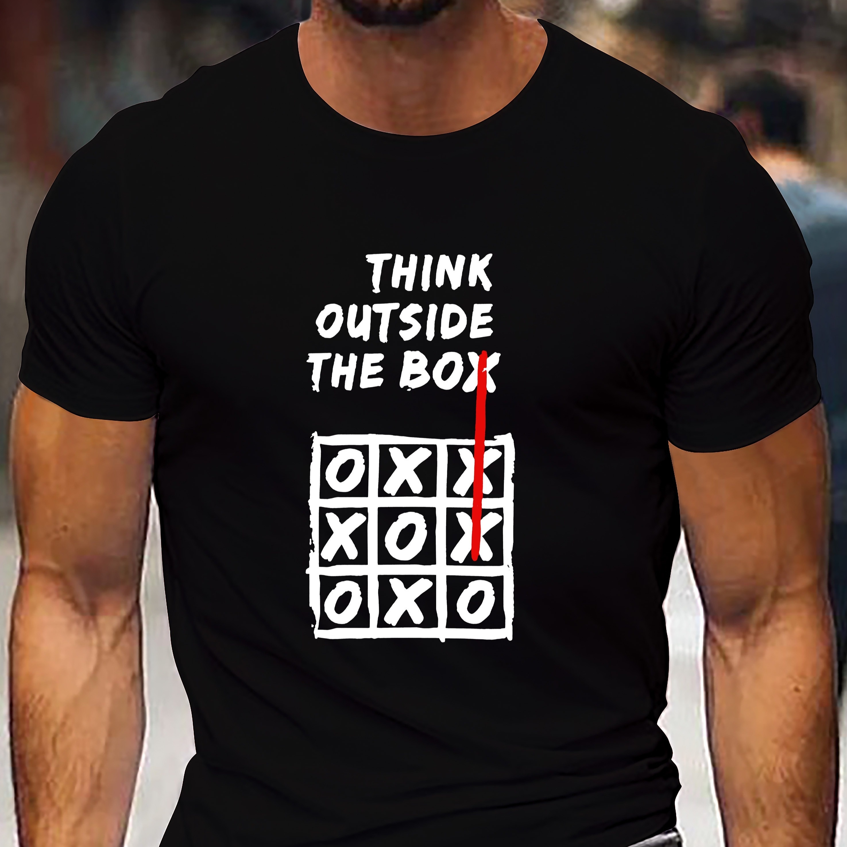 

Funny Think Outside The Box Print, Men's Casual Round Neck Short Sleeve T-shirt, Versatile Outdoor Comfy Top For Summer