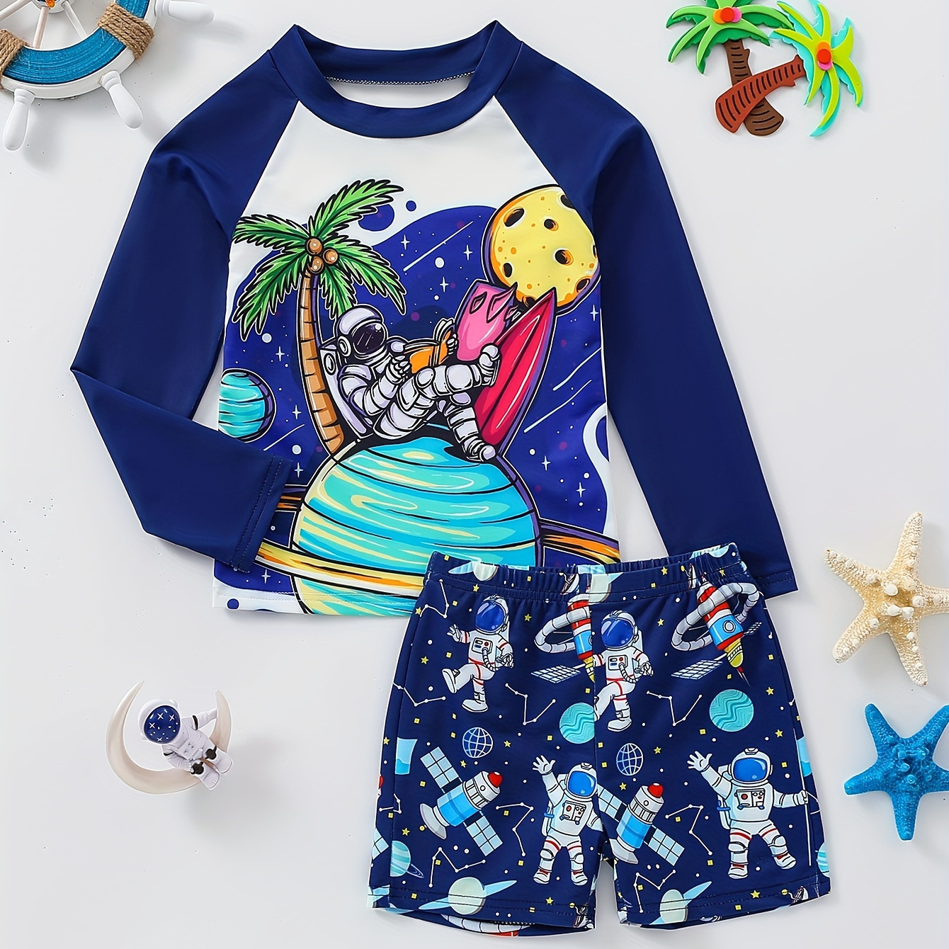 

2pcs Cartoon Space Astronaut Pattern Swimsuit For Boys, T-shirt & Swim Trunks Set, Stretchy Surfing Suit, Boys Swimwear For Summer Beach Vacation