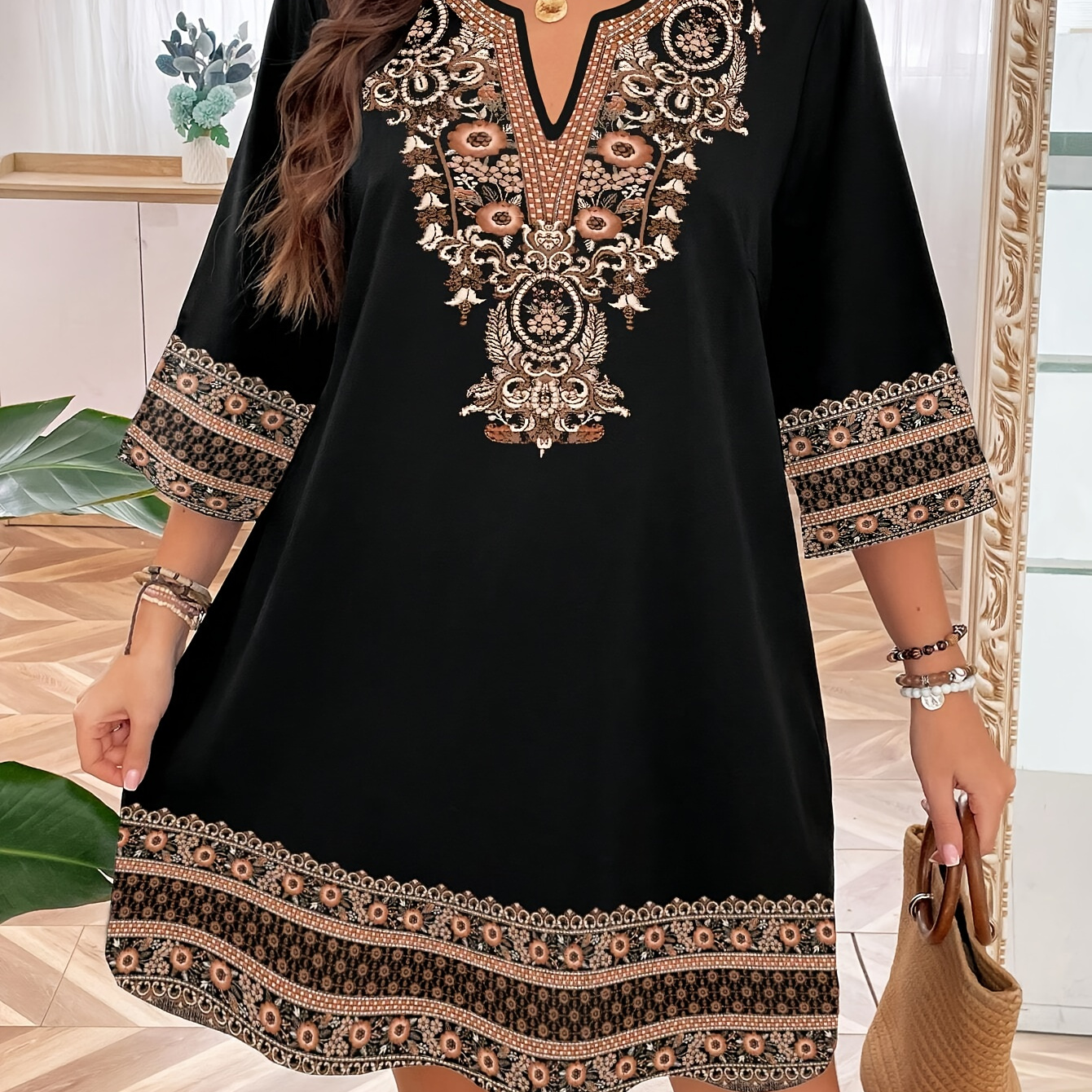 

Size Vintage-inspired Embroidered Dress With 3/4 Sleeves - Casual Notch Neck, Machine Washable - All , Plus Size, Vintage, Embroidered, Dress