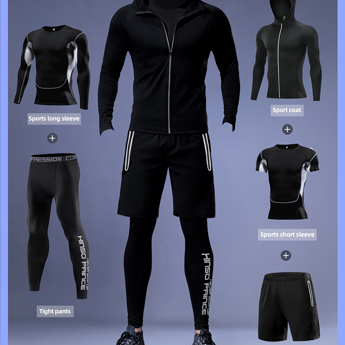 

Men's High Stretch Skinny Crew Neck Short Sleeve Shirt & Long Sleeve Shirt & Long Sleeve Zip Up Hooded Jacket & Letters Pattern Leggings & Shorts 5-piece Set For Hiking Jogging Cycling Workout