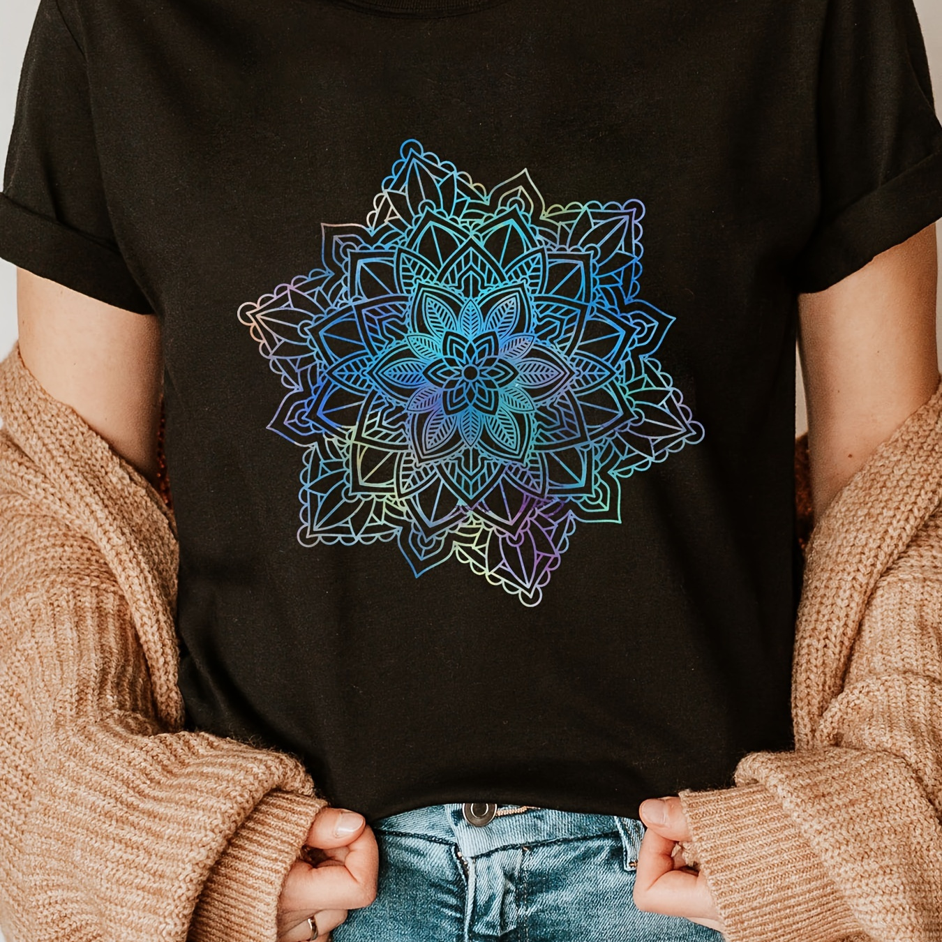 

Mandala Print Crew Neck T-shirt, Short Sleeve Casual Top For Summer & Spring, Women's Clothing