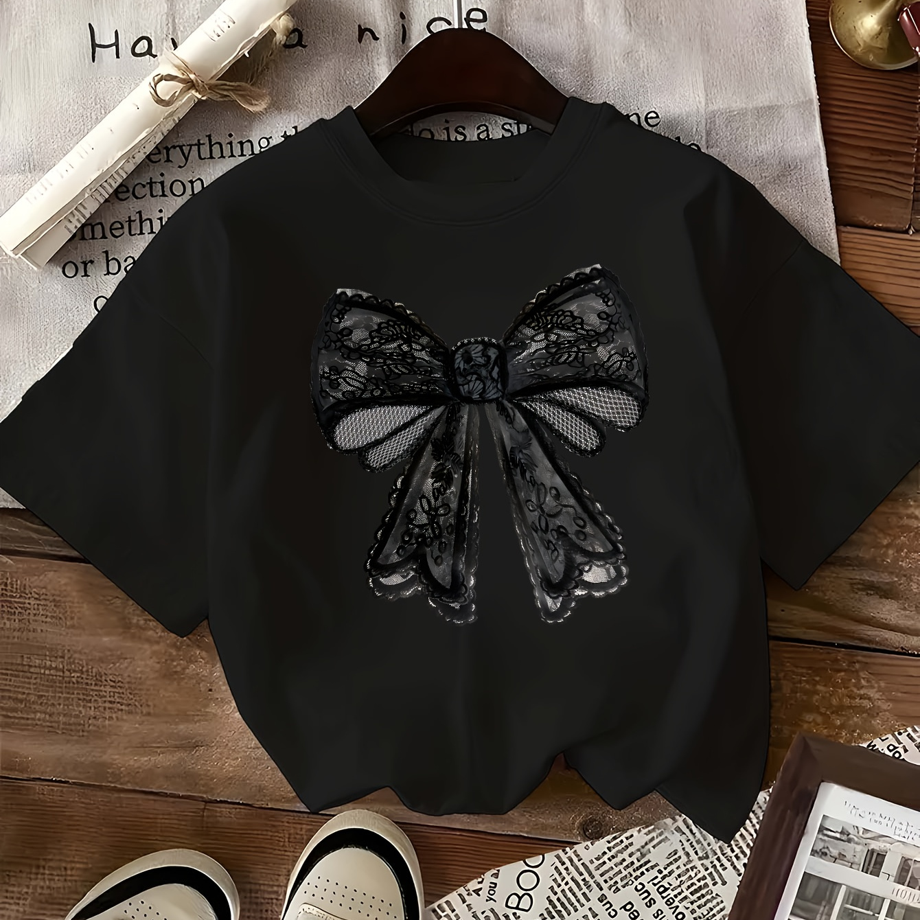 

Women's Casual Crew Neck Short Sleeve T-shirt With Lace Bowknot Design, Polyester Knit Fabric, Regular Length, All