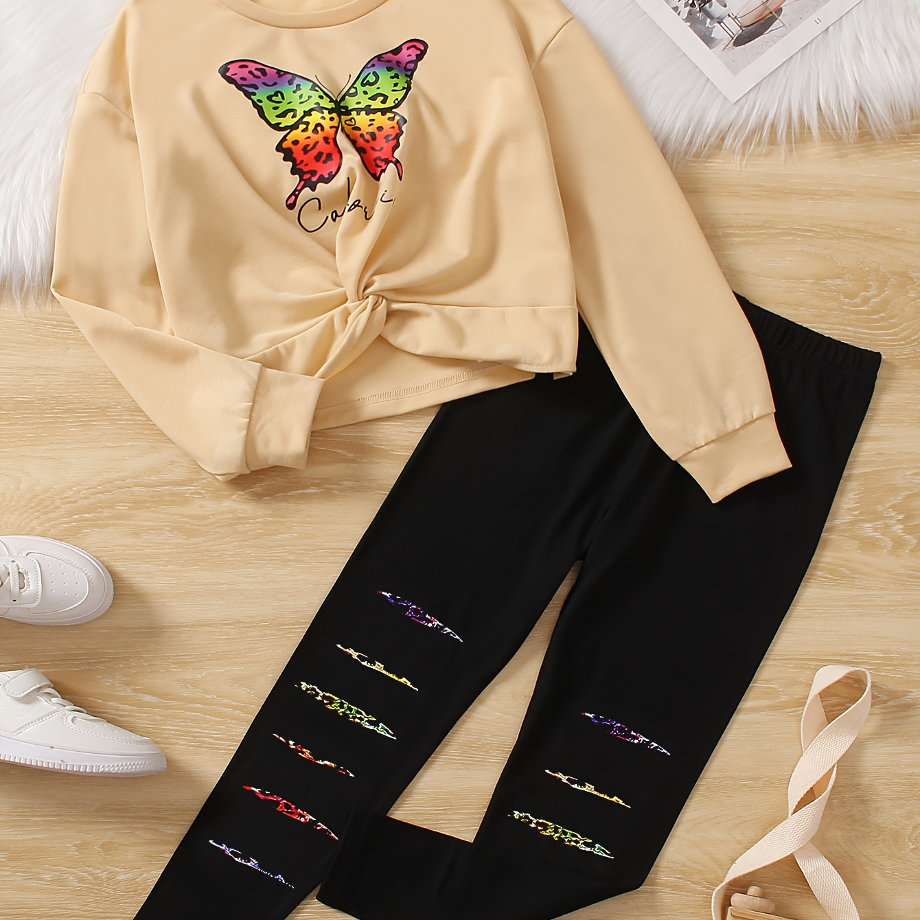

Casual Outfits Girls 2pc, Butterfly Print Long Sleeve Pullover + Ripped Hole Design Pants For Fall Winter Party