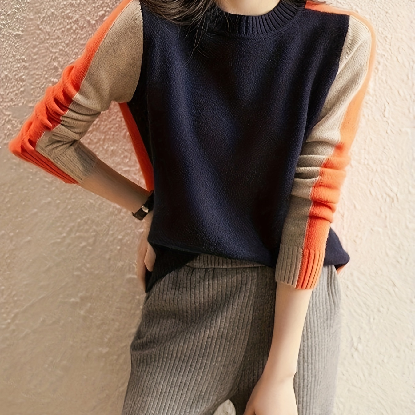 

Color Block Crew Neck Pullover Sweater, Casual Long Sleeve Fashion Sweater, Women's Clothing