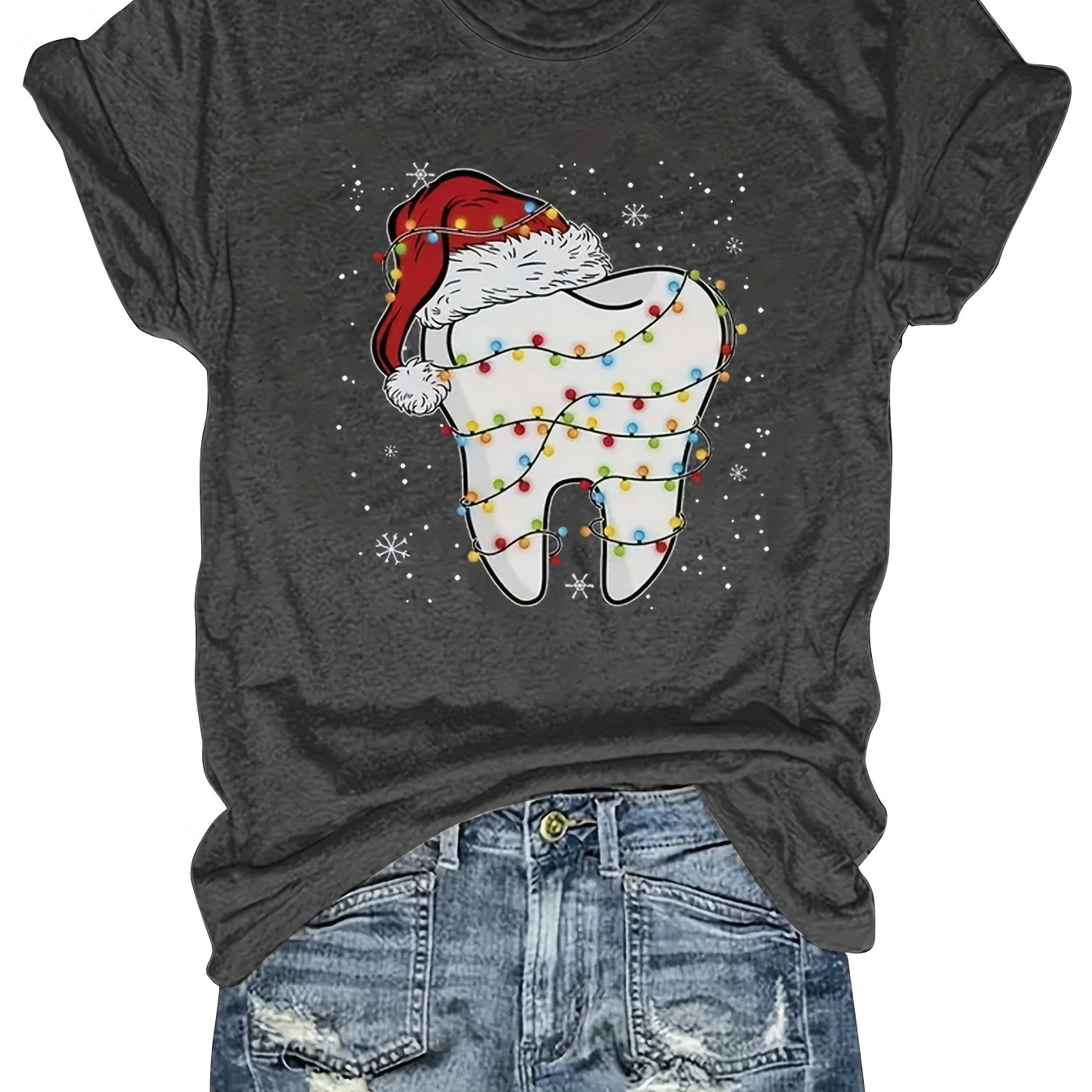 

Christmas Tooth Neck T-shirt, Short Sleeve Casual Top For Summer & Spring, Women's Clothing