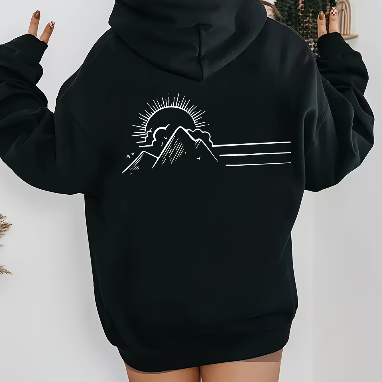 

Women's Casual Hoodie With Unique Sun & Mountain Print - Cozy Polyester, Machine Washable, Kangaroo Pocket | Fall & Winter