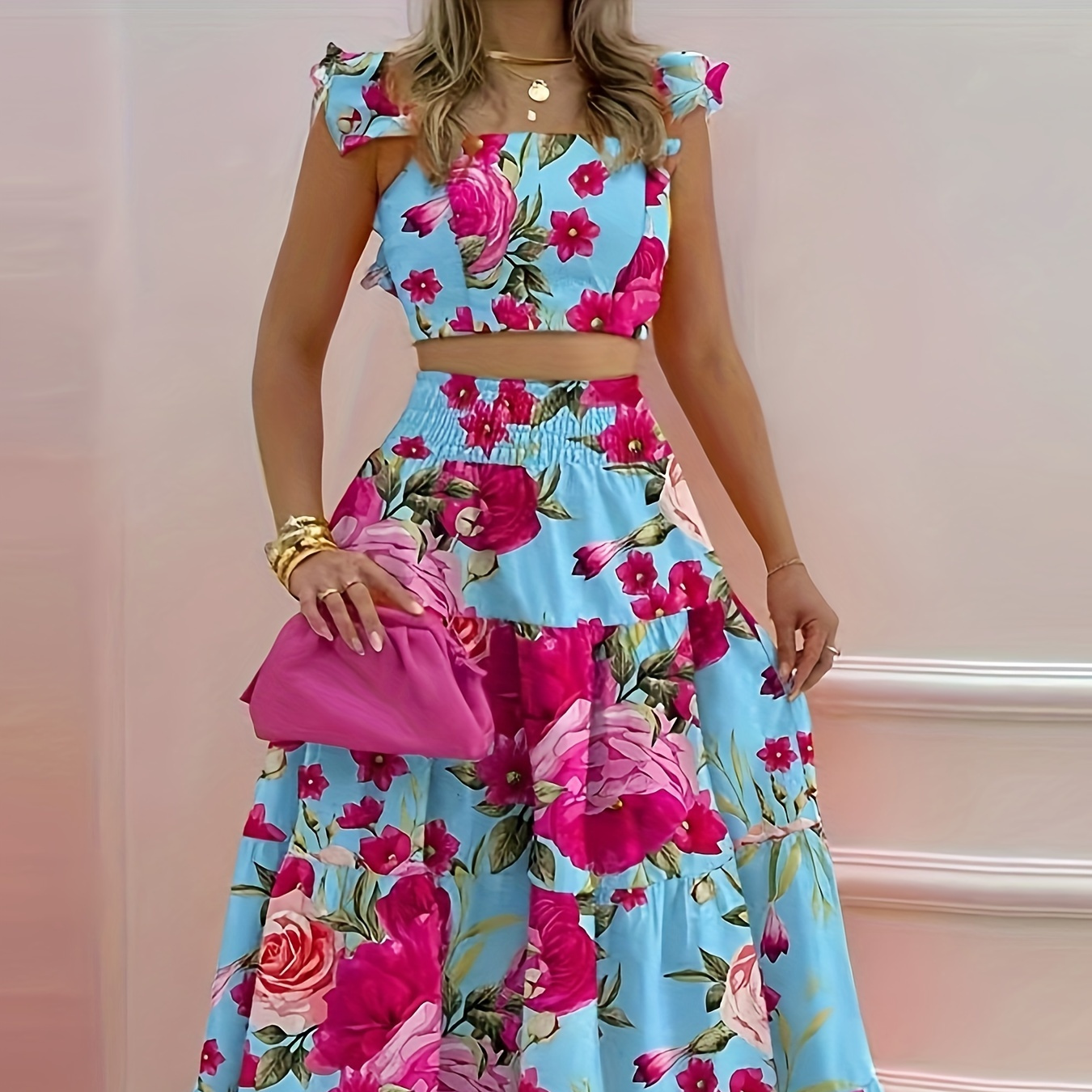 

Vacation Style Floral Print Two-piece Set, Ruffle Trim Crop Top & High Waist Swing Skirt Outfits, Women's Clothing