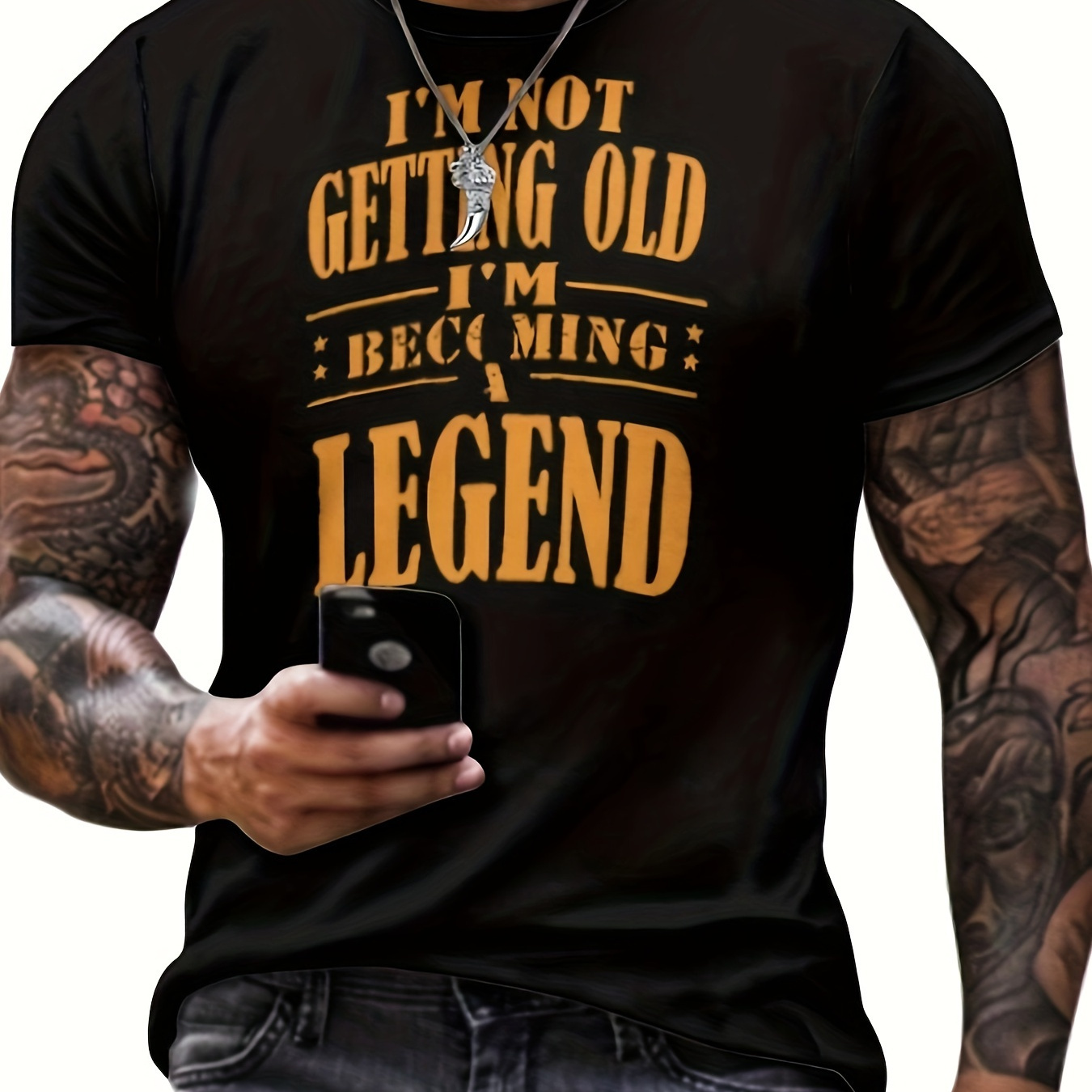 

i'm Becoming A Legend" Print Crew Neck T-shirt For Men, Casual Short Sleeve Top, Men's Novelty Tee For Summer Outing