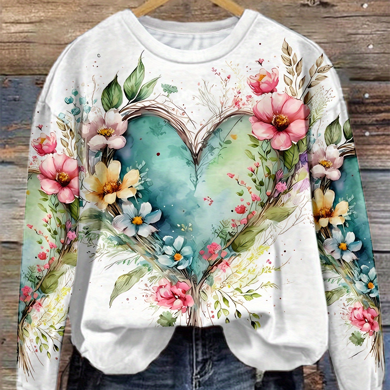 

1pc Women's Floral Heart Neck Pullover Sweater, Polyester Knit Fabric, Medium Stretch, Regular Length, Spring/fall Fashion Top