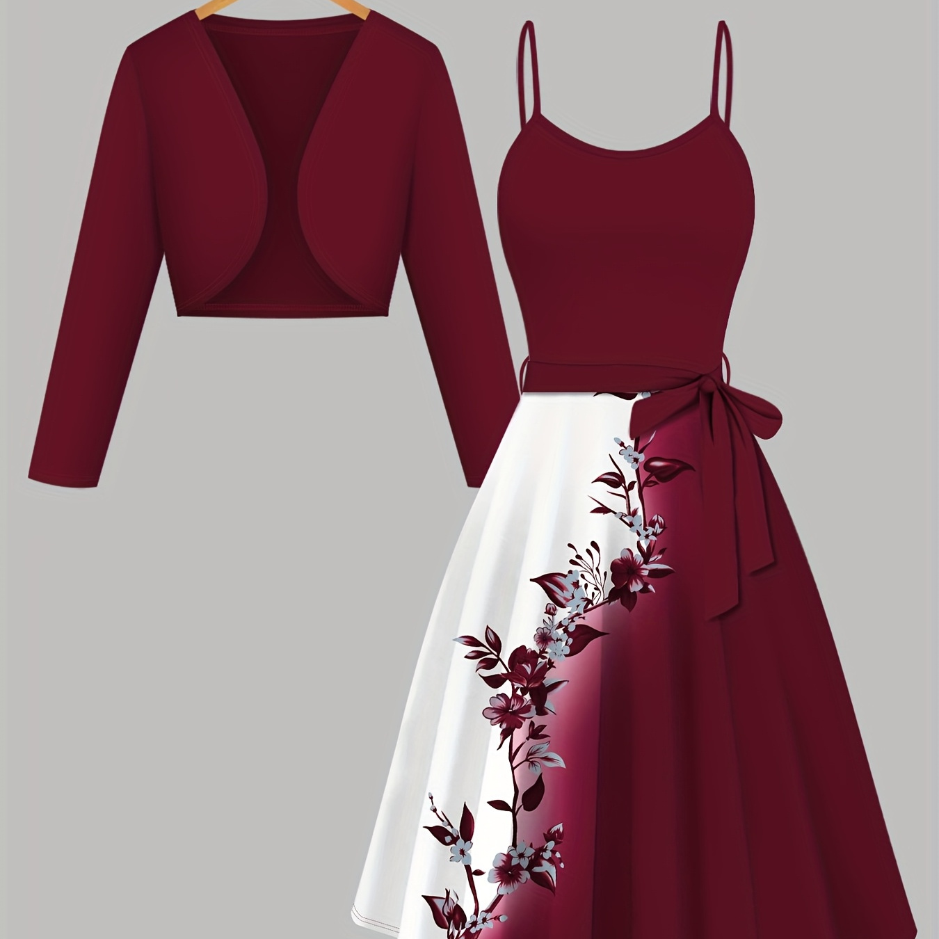 Burgundy & White Floral 2pcs Dress Set (Bolero + Dress)