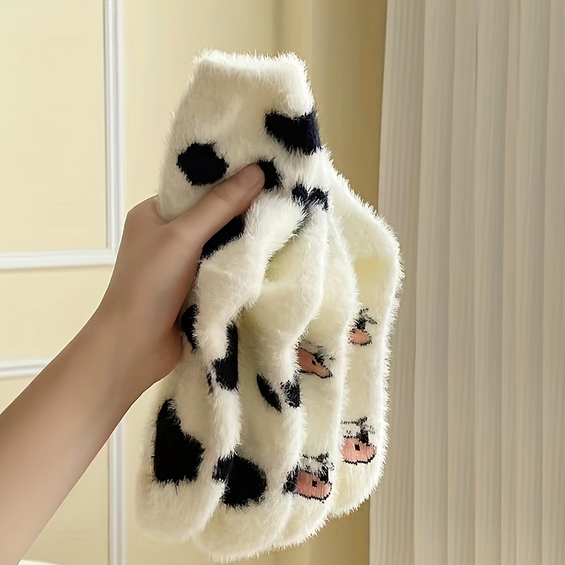 

2 Pairs Cute Cow Spot Socks, Soft & Fuzzy Crew Mid Tube Socks, Women's Stockings & Hosiery