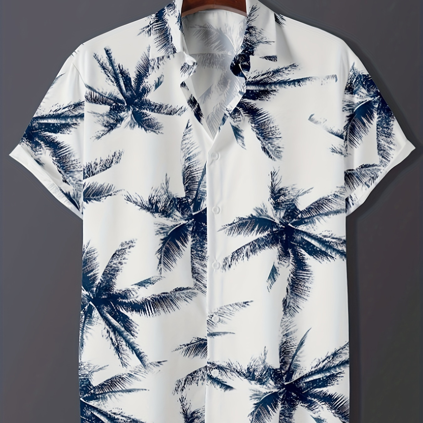 

Men's Fashion Hawaiian Style Shirt, Coconut Trees Pattern Print Short Sleeve Button Up Lapel Shirts For Summer Resort Vacation