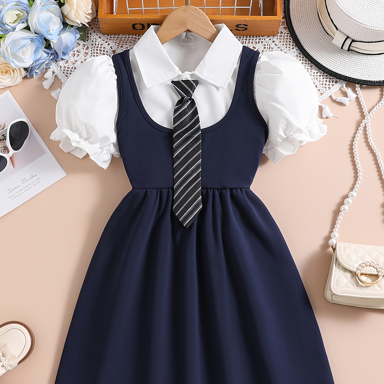 

Preppy Suits For Girls And Teenagers, Suit Tie Collar Bubble Short Sleeve Shirt + Suspender Skirt Sweet Style
