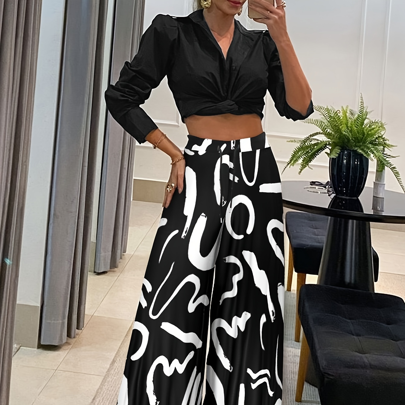 

Elegant 2 Piece Set, Puff Sleeve Solid Shirt & Line Print Elastic Waist Wide Leg Pants Outfits, Women's Clothing