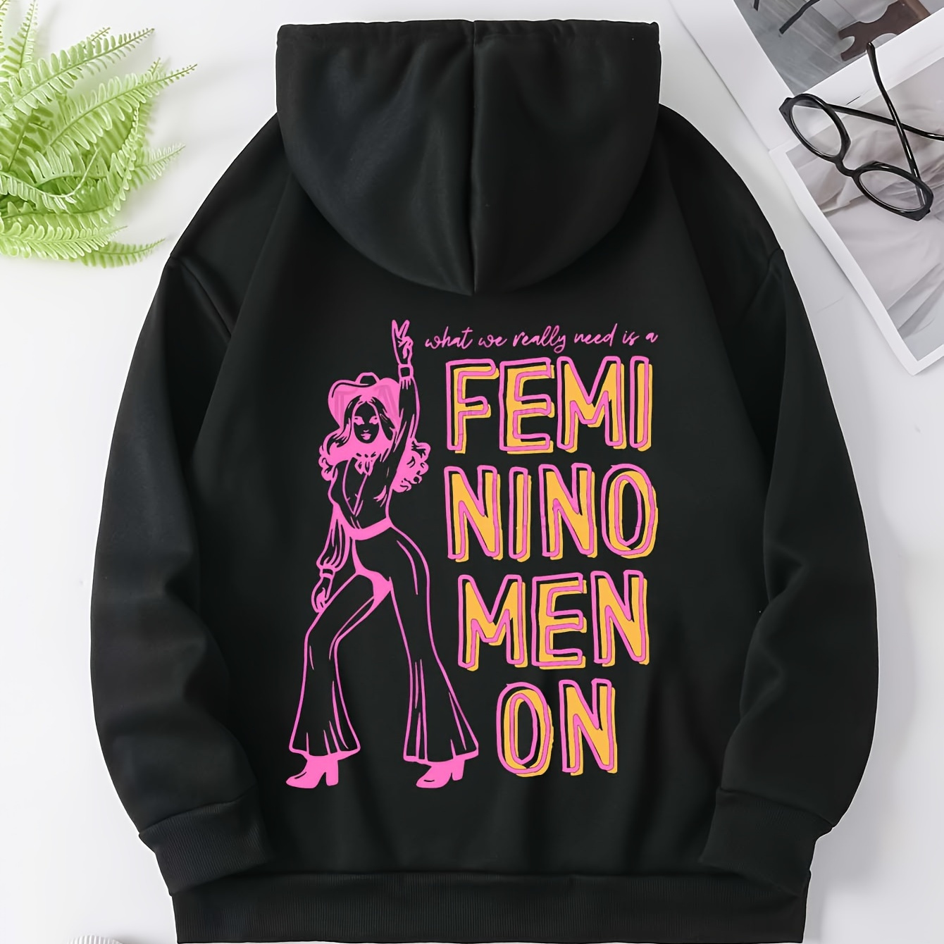 

Women's Casual Polyester Hoodie With Pink Pony Club Graphic Print, 100% Polyester Knit Fabric, Alphabet Pattern, Hooded Pullover For Fall/winter