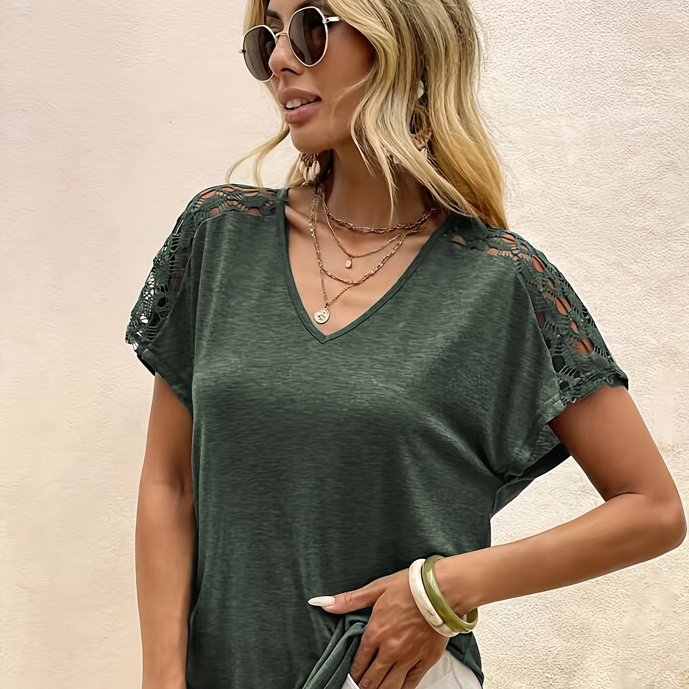 

Contrast Lace V Neck T-shirt, Casual Short Sleeve Slim T-shirt For Spring & Summer, Women's Clothing