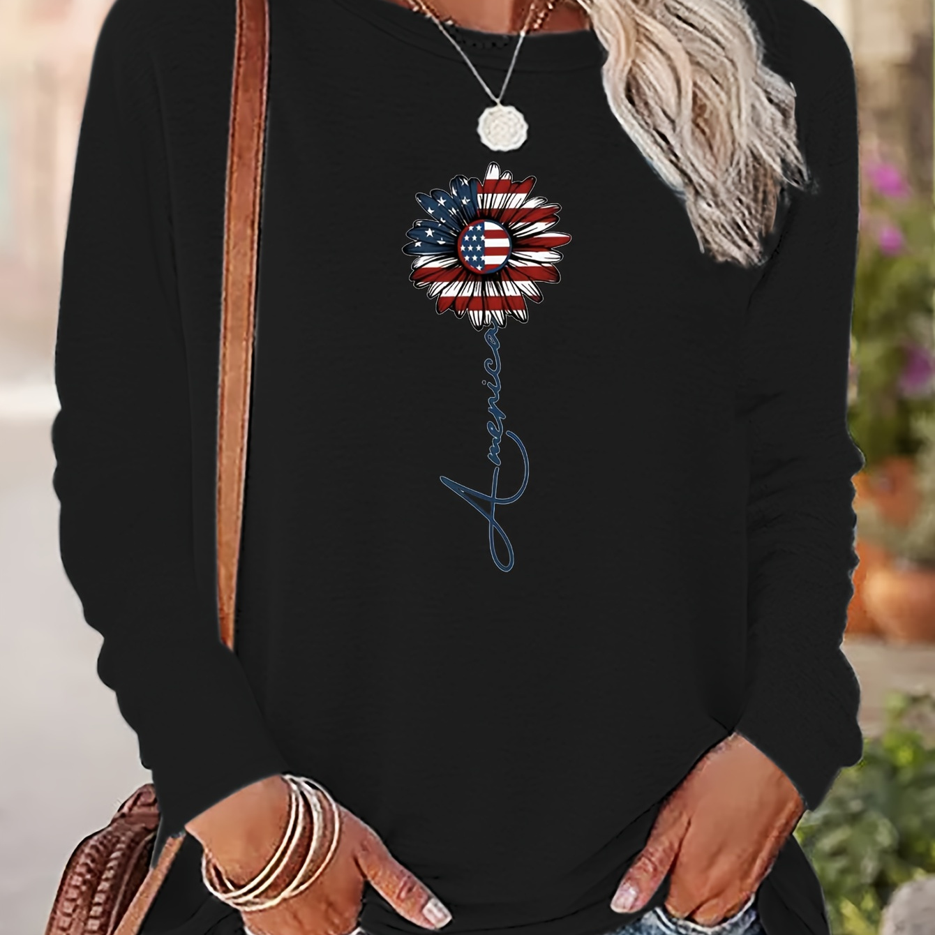 

American Flag Floral Print T-shirt, Casual Crew Neck Long Sleeve Top, Women's Clothing