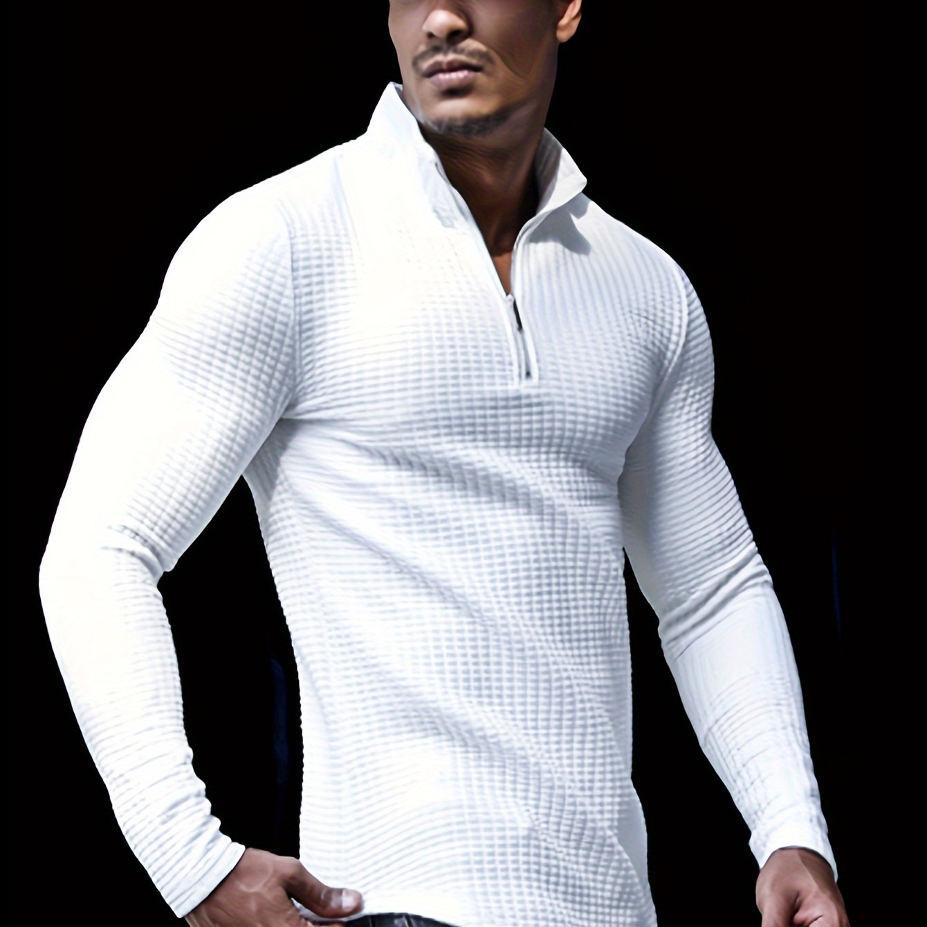 

Men's Waffle Half Zipper Stand Collar Sweatshirt For Men Retro Solid Sweatshirts For Winter Fall Long Sleeve Tops